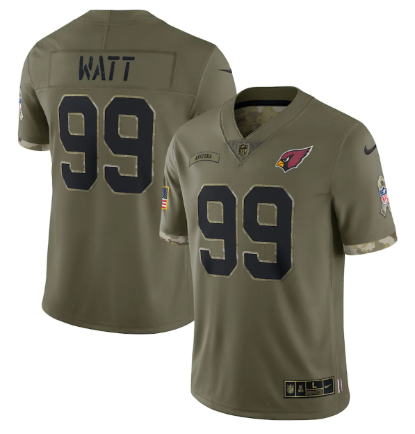 Men's Arizona Cardinals #99 J.J. Watt Olive 2022 Salute To Service Limited Stitched Jersey Men's Arizona Cardinals #99 J.J. Watt Olive 2022 Salute To Service Limited Stitched Jersey